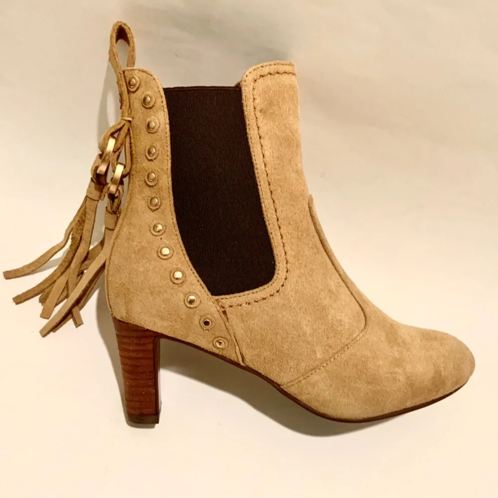See by Chloé Beige Tan Suede Tasseled Studded Chelsea Ankle Boots Boho Booties
